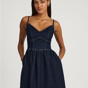 Express Dark Wash Denim Sweetheart Corset Fit And Flare Mini Dress